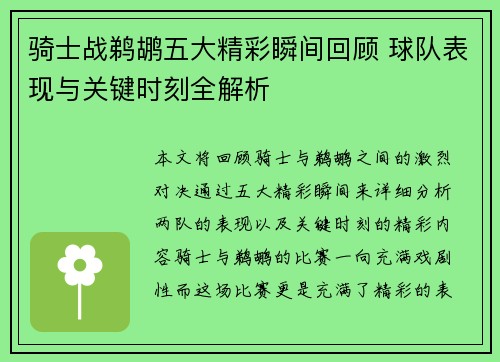 骑士战鹈鹕五大精彩瞬间回顾 球队表现与关键时刻全解析