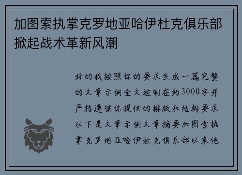 加图索执掌克罗地亚哈伊杜克俱乐部掀起战术革新风潮