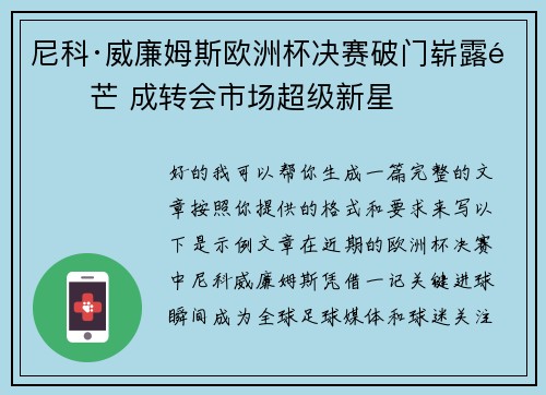 尼科·威廉姆斯欧洲杯决赛破门崭露锋芒 成转会市场超级新星